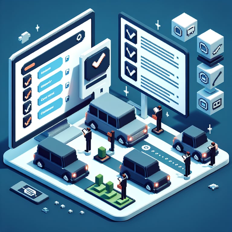 3D voxel art illustrating online car rental survey process on a dark blue background.