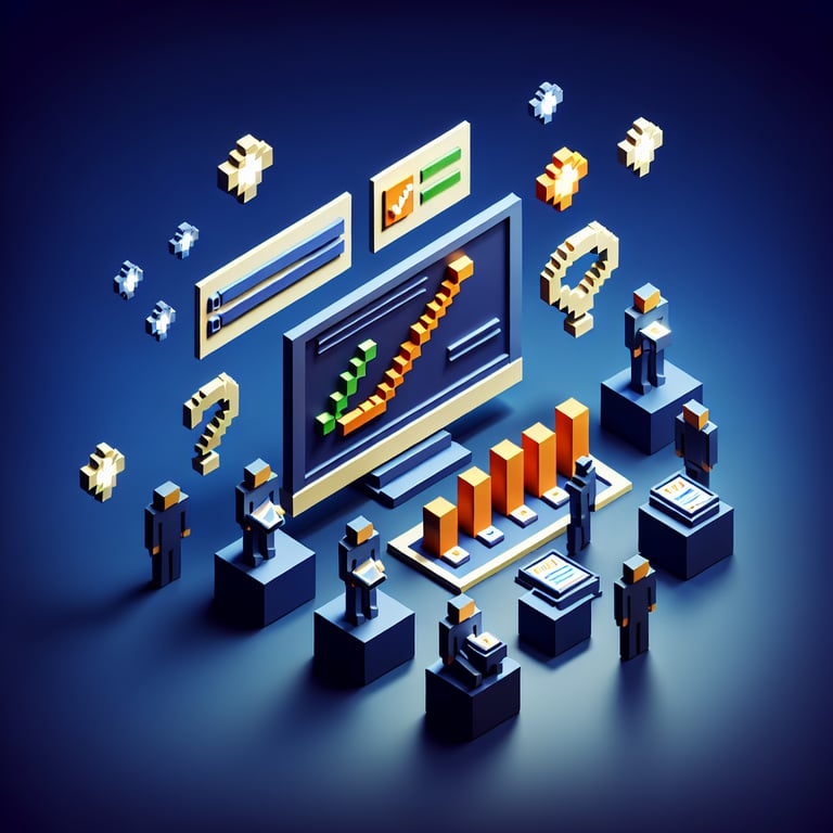 3D voxel art depicting online procurement surveys on a dark blue background.
