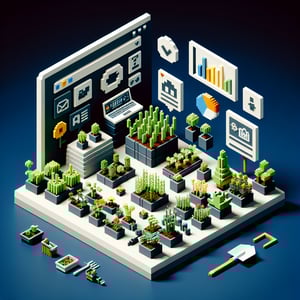 3D voxel art depicting the concept of online community garden surveys on a dark blue background.