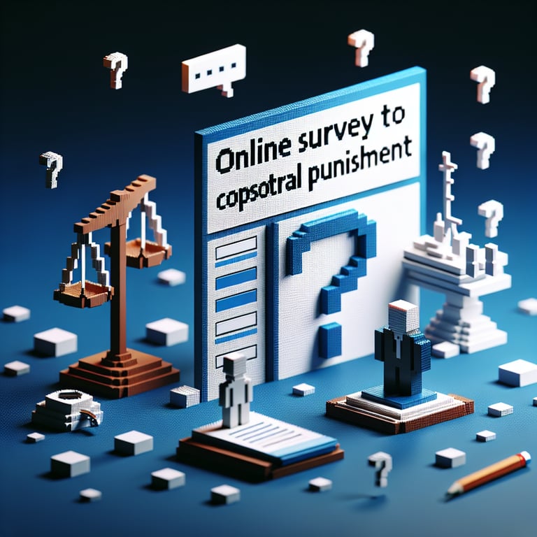 3D voxel art depicting online surveys concept, set against a dark blue background.