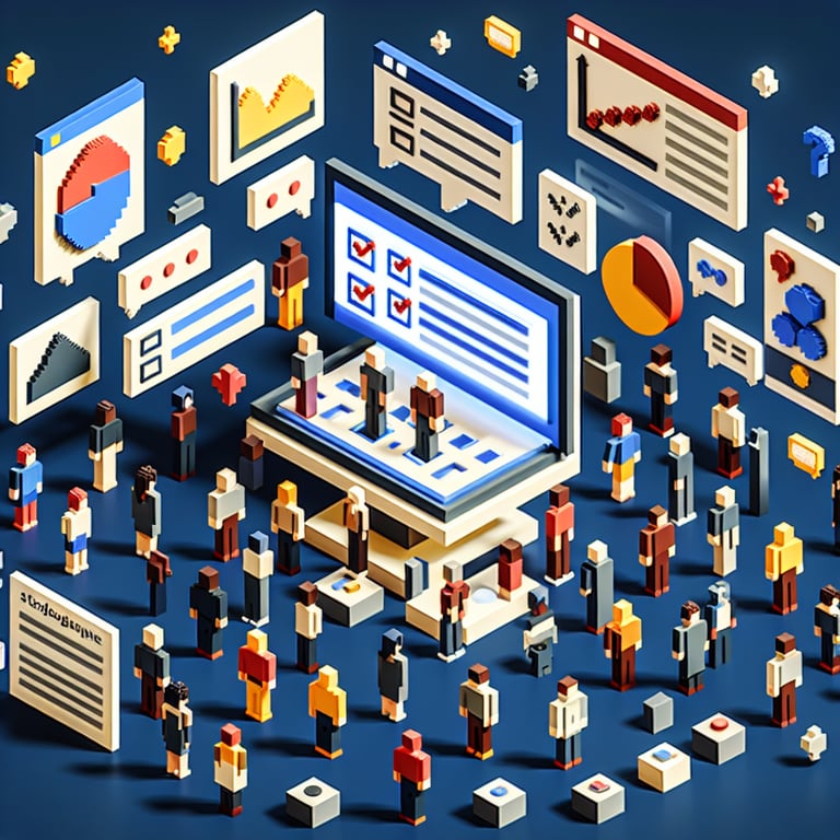3D voxel art depicting online stereotype surveys, featuring engaging elements on a dark blue background.