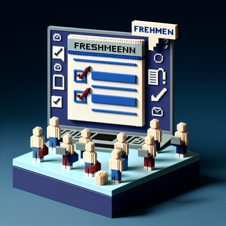 3D voxel art depicting online freshman surveys with a dark blue background.