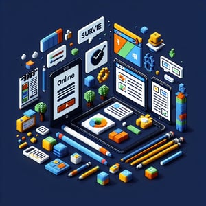 3D voxel art depicting online survey concept on dark blue background, related to new math program implementation.