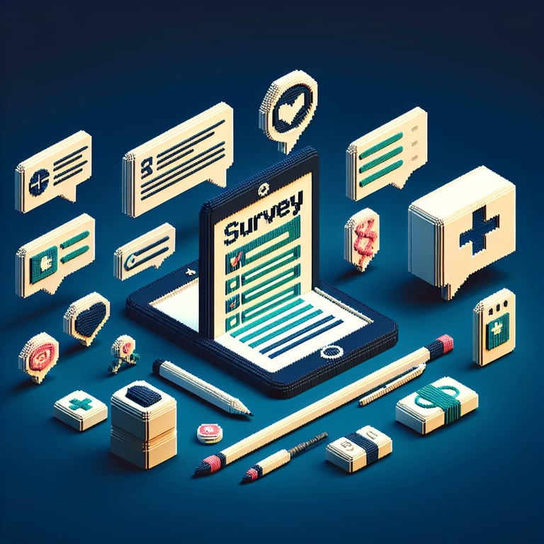 3D voxel art depicting online access to care surveys with a dark blue background.