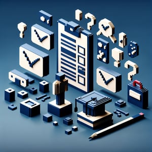 3D voxel art representing online student surveys on a dark blue background.