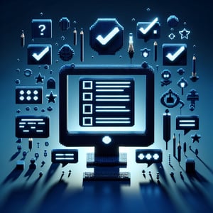 3D voxel art of online surveys on a dark blue background, symbolizing DEIB survey questions.