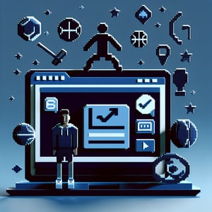 3D voxel art depicting online athlete surveys, featuring sports equipment on a dark blue background.