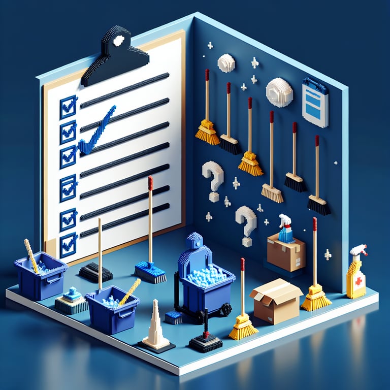 3D voxel art depicting online commercial cleaning survey concept on a dark blue background.