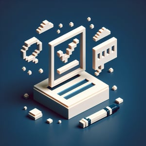 3D voxel art depicting the concept of online surveys and questions on a dark blue background.
