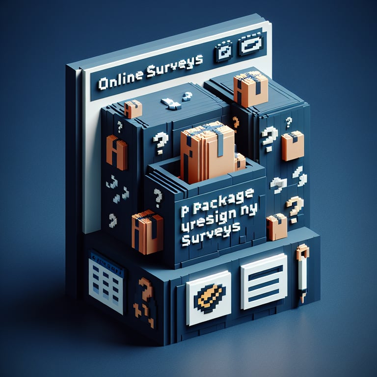3D voxel art of online survey elements on a dark blue background, representing package design surveys.
