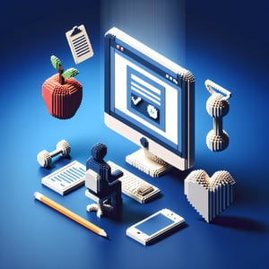 3D voxel art depicting online health benefit survey concept on a dark blue background.