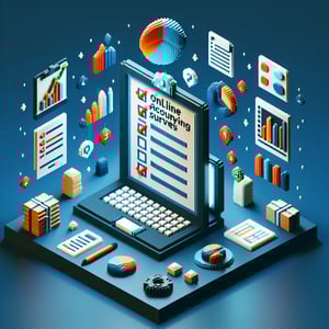 3D voxel art depicting the concept of online accounting surveys on a dark blue background.