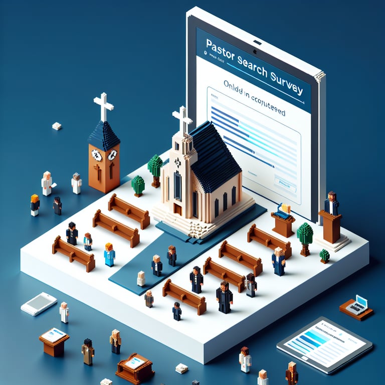 3D voxel art depicting online pastor search surveys on a dark blue background.