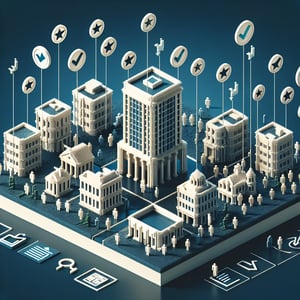 3D voxel art depicting online architecture surveys, with a dark blue background.