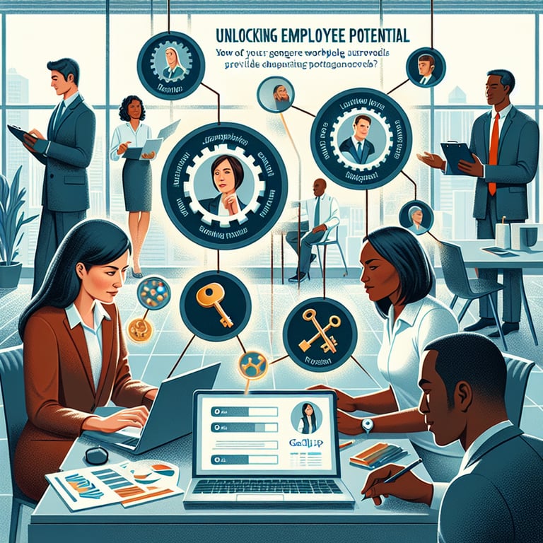 Illustration representing the concept of unlocking employee potential using Gallup's Q12 survey questions.