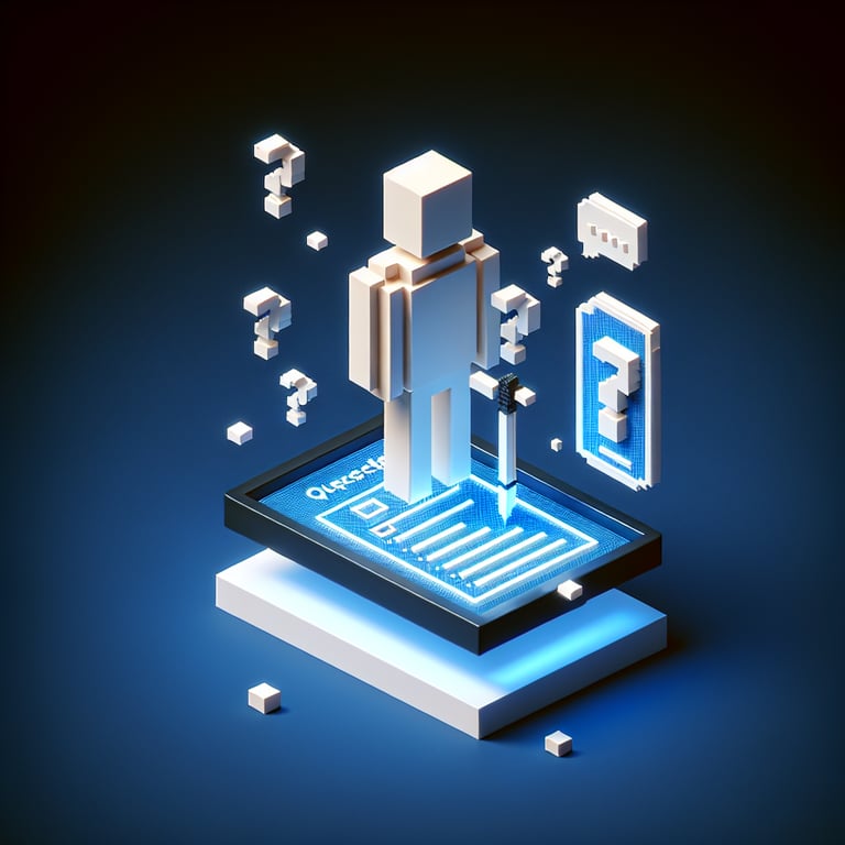 3D voxel art depicting an online survey concept, set against a dark blue background.