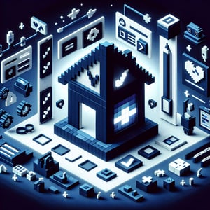 3D voxel art depicting online home health cahps survey process on a dark blue background.