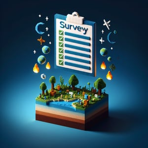 3D voxel art depicting online environmental awareness survey with a dark blue background.