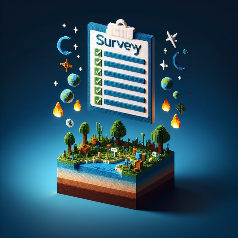 3D voxel art depicting online environmental awareness survey with a dark blue background.