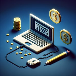 3D voxel art depicting online money surveys with a dark blue background.