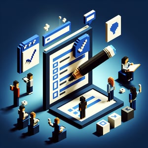3D voxel art depicting the concept of national student engagement survey questions on a dark blue background.