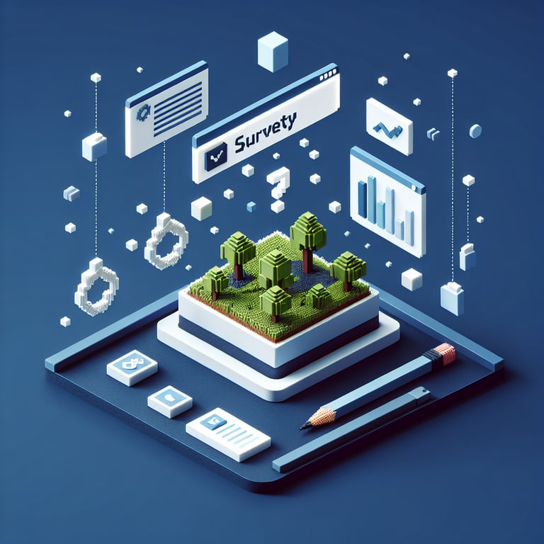 3D voxel art depicting online surveys, set against a dark blue background, representing Athena Swan culture surveys.