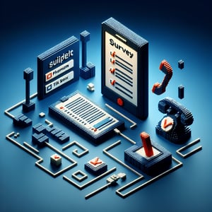 3D voxel art depicting online phone system surveys on a dark blue background.
