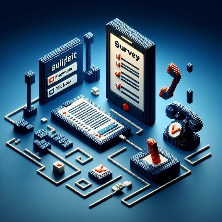 3D voxel art depicting online phone system surveys on a dark blue background.