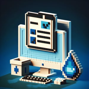 3D voxel art depicting online drinking water survey concept on a dark blue background.