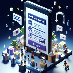 3D voxel art depicting online survey concept on a dark blue background, relevant to m commerce.