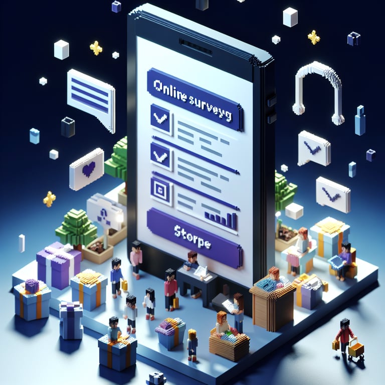 3D voxel art depicting online survey concept on a dark blue background, relevant to m commerce.