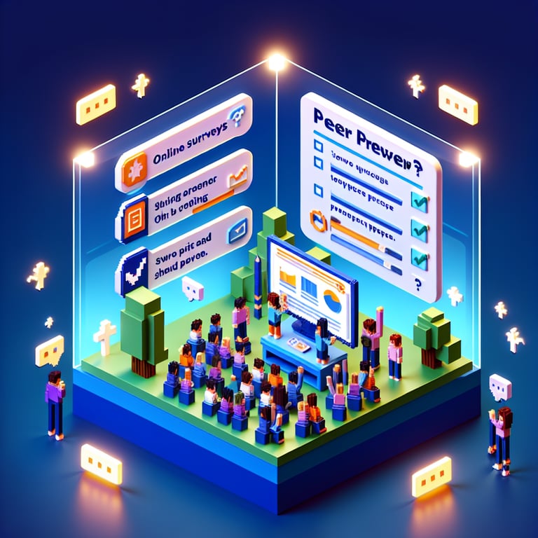 3D voxel art depicting online surveys on a dark blue background, symbolizing peer pressure survey questions.