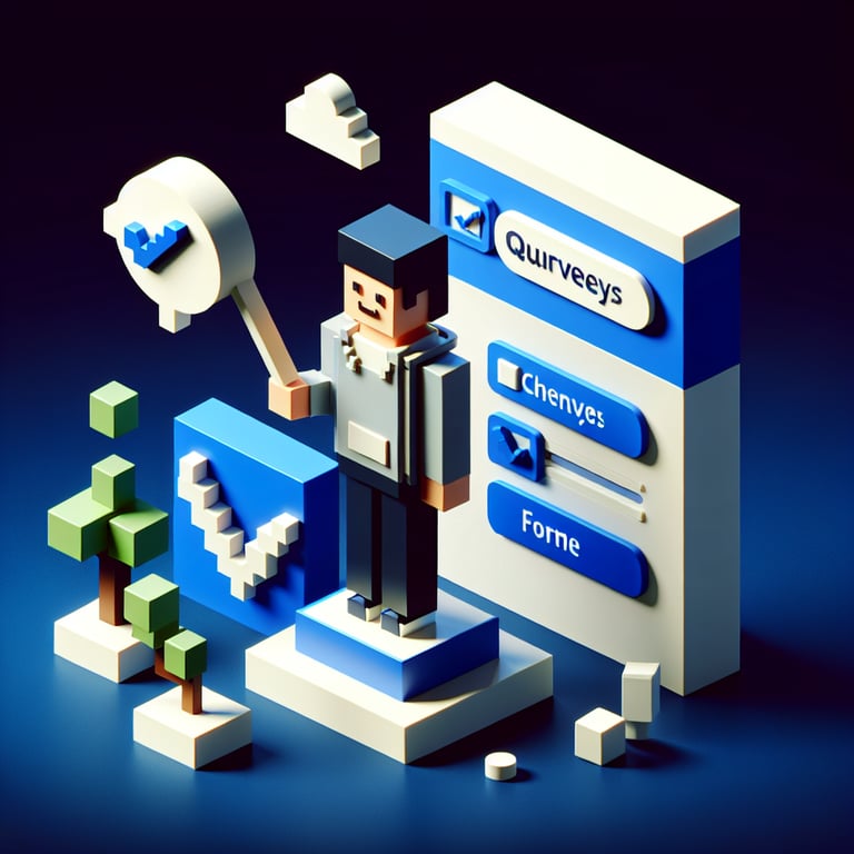 3D voxel art depicting online surveys on a dark blue background, symbolizing new member survey questions.