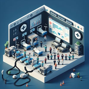 3D voxel art depicting online hospital employee satisfaction survey process on a dark blue background.