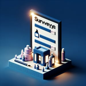 3D voxel art depicting an online survey concept, specifically for beauty products, on a dark blue background.