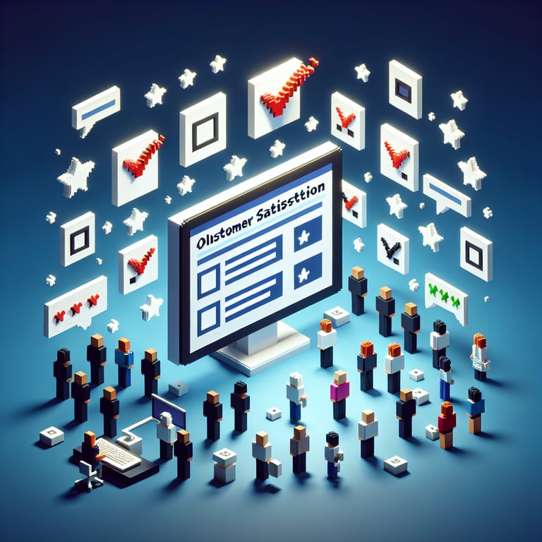 3D voxel art depicting the concept of ISO 9001 customer satisfaction surveys on a dark blue background.