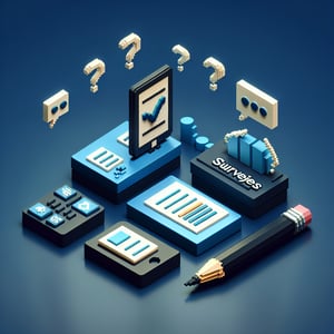 3D voxel art depicting online sales surveys with engaging elements on a dark blue background.