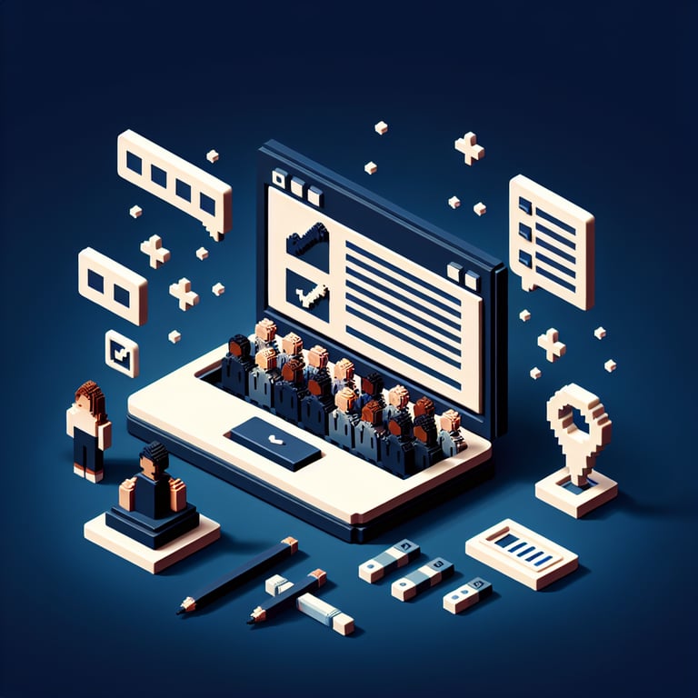 3D voxel art depicting online colorism survey process on a dark blue background.