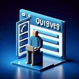 3D voxel art depicting the concept of online surveys and questions on a dark blue background.