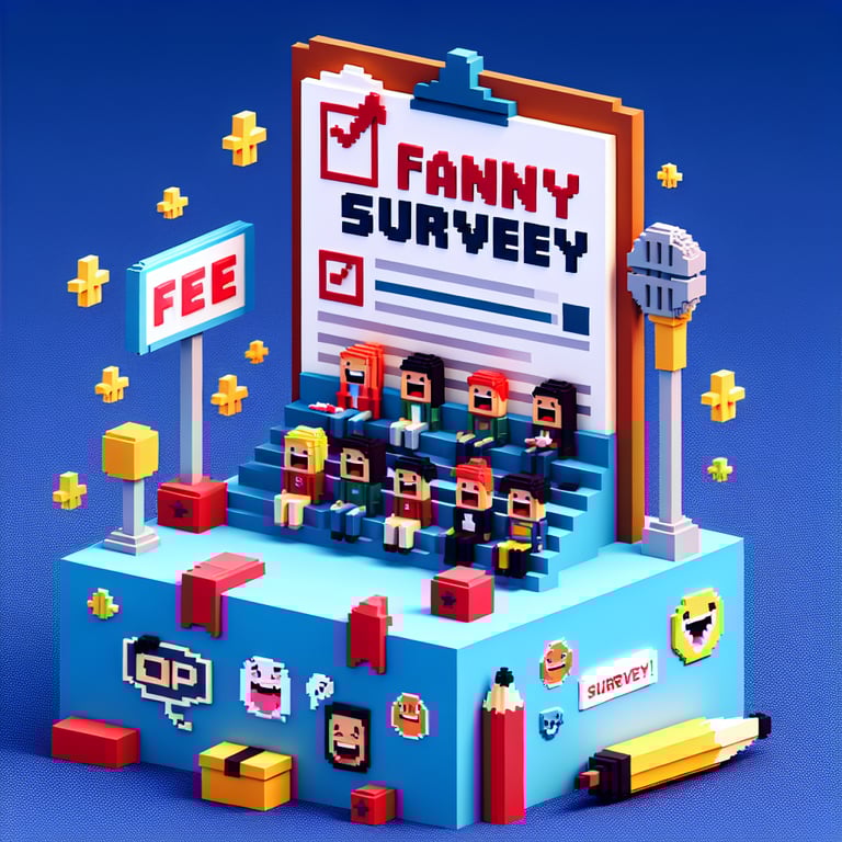 3D voxel art depicting humorous online college surveys, with a dark blue background.