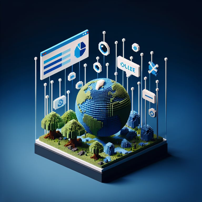 3D voxel art depicting the concept of online environmental political surveys on a dark blue background.