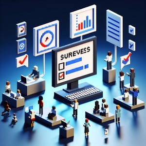 3D voxel art depicting online stress survey, with dark blue background.