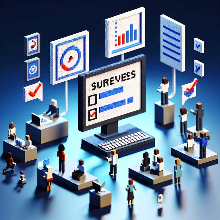 3D voxel art depicting online stress survey, with dark blue background.