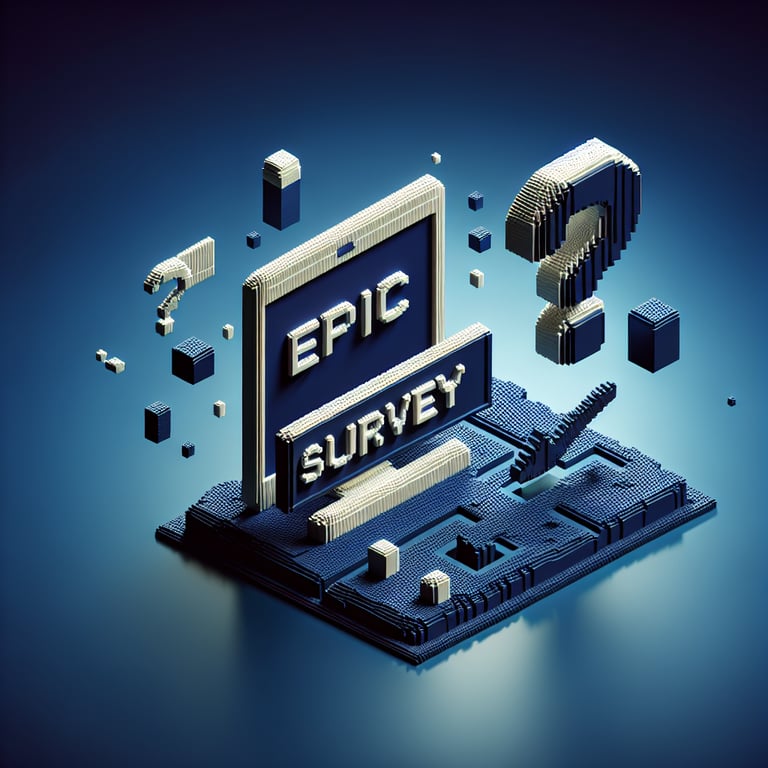 3D voxel art depicting online surveys with engaging elements on a dark blue background.