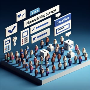 3D voxel art illustrating the concept of online planned giving surveys on a dark blue background.