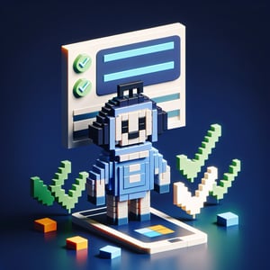 3D voxel art of a mascot holding a survey clipboard against a dark blue background.