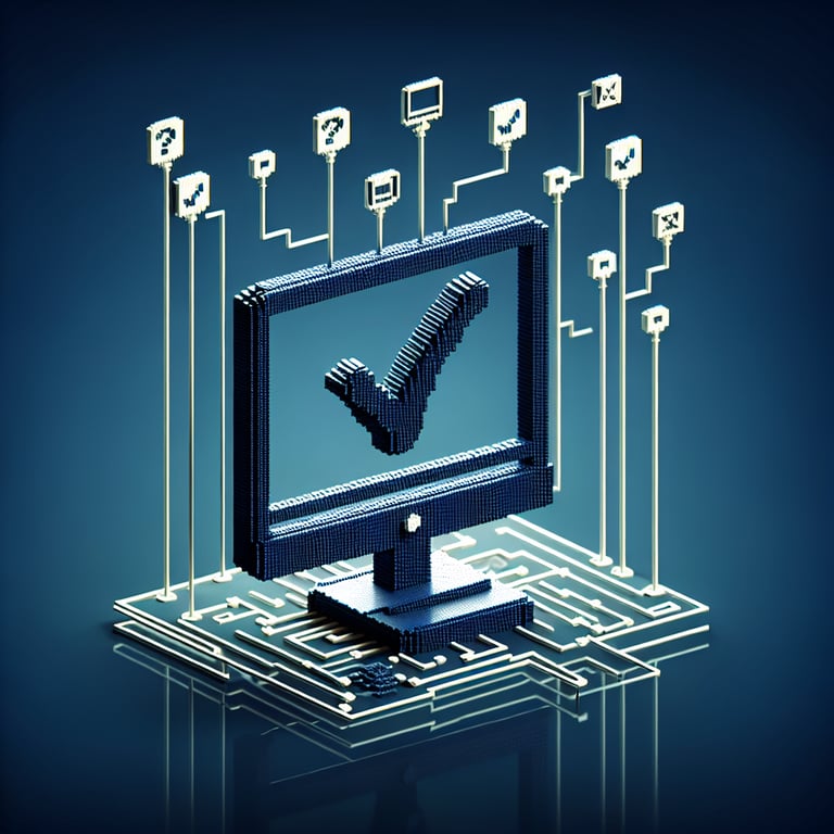3D voxel art depicting the concept of online surveys and questions on a dark blue background.