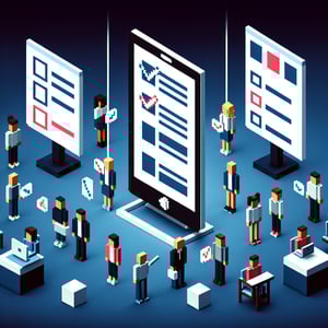 3D voxel art depicting online surveys on a dark blue background, symbolizing familiarity survey questions.