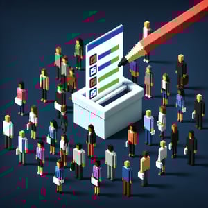 3D voxel art depicting online surveys concept on a dark blue background for customer segmentation.
