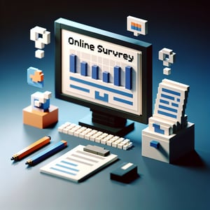 3D voxel art depicting online surveys on a computer, set against a dark blue background.